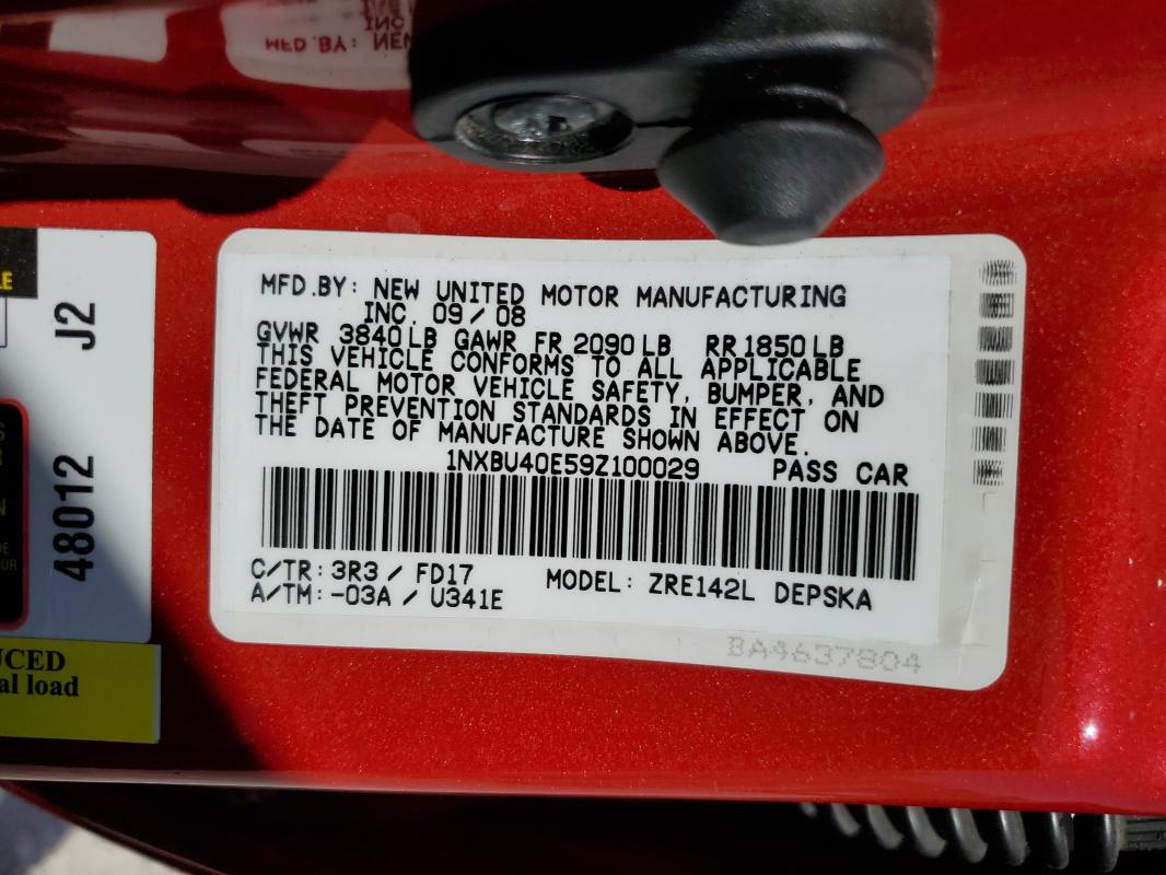 1NXBU40E59Z100029 - 2009 TOYOTA COROLLA BASE Kırmızı fotoğraf 13