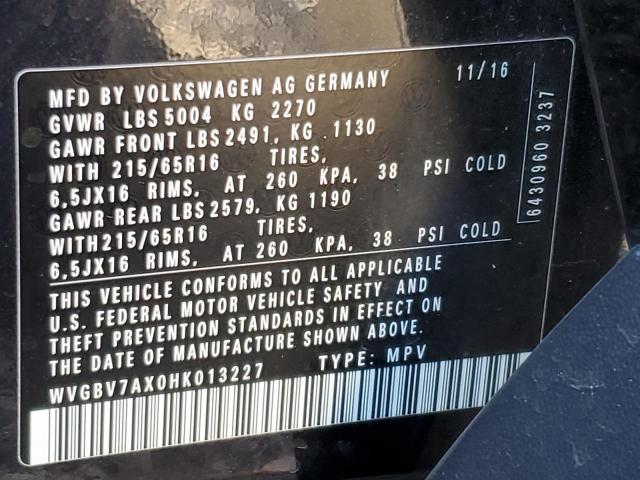 WVGBV7AX0HK013227 - 2017 VOLKSWAGEN TIGUAN S BLACK photo 13