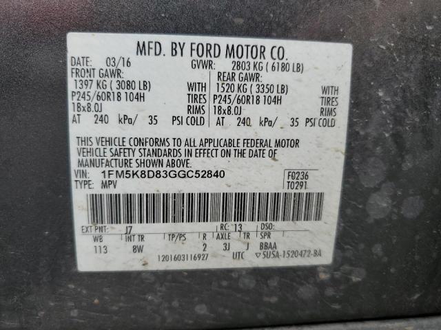 1FM5K8D83GGC52840 - 2016 FORD EXPLORER XLT Szary zdjęcie 13