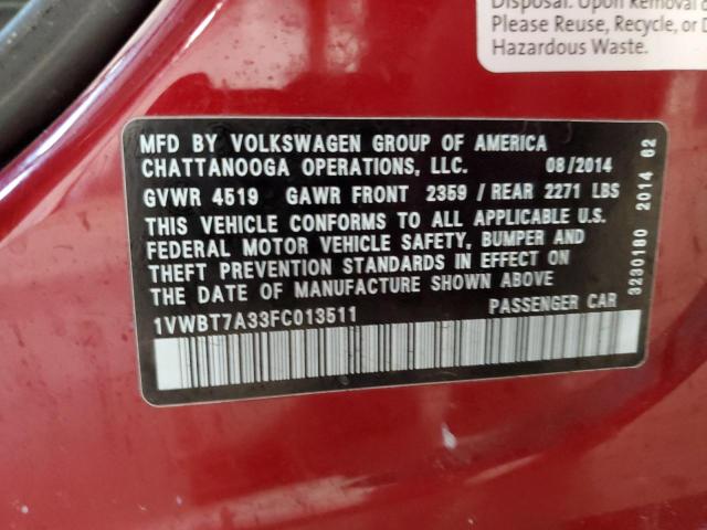 1VWBT7A33FC013511 - 2015 VOLKSWAGEN PASSAT SE RED photo 12