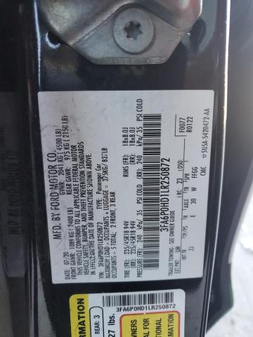 3FA6P0HD1LR250872 - 2020 FORD FUSION SE BLACK photo 12