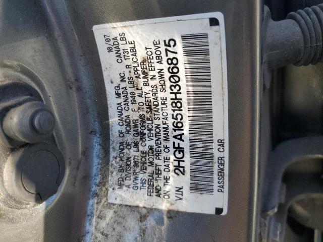 2HGFA16518H306875 - 2008 HONDA CIVIC LX ნაცრისფერი ფოტო 12