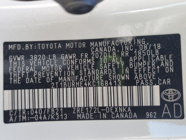 2T1BURHE4KC168413 - 2019 TOYOTA COROLLA L Beyaz fotoğraf 13