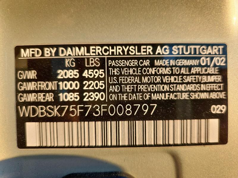 WDBSK75F73F008797 - 2003 MERCEDES-BENZ SL 500R ვერცხლისფერი ფოტო 12