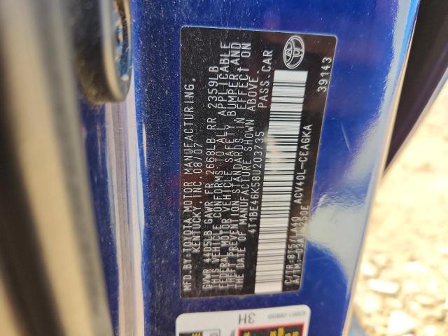 4T1BE46K58U203735 - 2008 TOYOTA CAMRY CE BLUE photo 12
