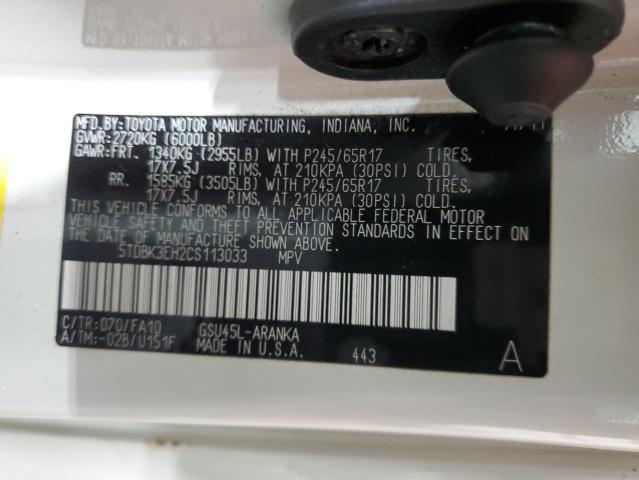 5TDBK3EH2CS113033 - 2012 TOYOTA HIGHLANDER BASE Biały zdjęcie 13