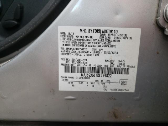 MAJ6S3GL1KC259822 - 2019 FORD ECOSPORT SE Srebrny zdjęcie 13