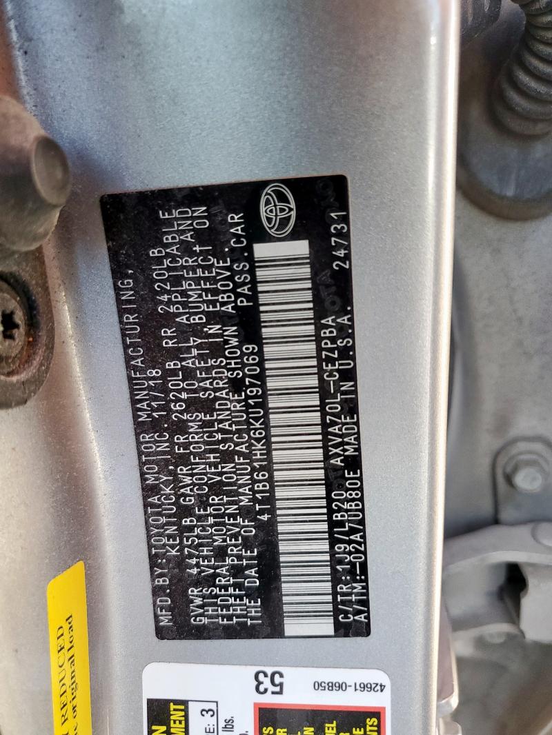 4T1B61HK6KU197069 - 2019 TOYOTA CAMRY XSE SILVER photo 12