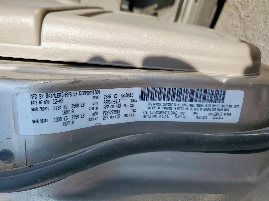 1J4GX48S94C313442 - 2004 JEEP GRAND CHER LAREDO ნაცრისფერი ფოტო 13