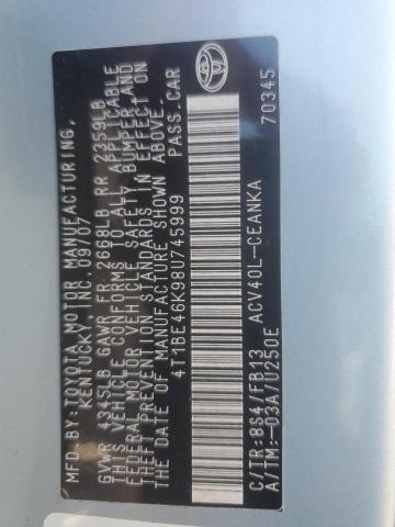 4T1BE46K98U745999 - 2008 TOYOTA CAMRY CE BLUE photo 12