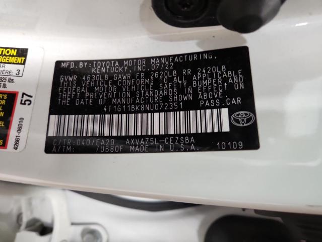 4T1G11BK8NU072351 - 2022 TOYOTA CAMRY SE WHITE photo 12
