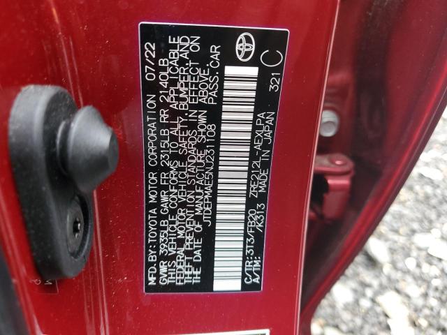 JTDEPMAE5NJ231108 - 2022 TOYOTA COROLLA LE წითელი ფოტო 12