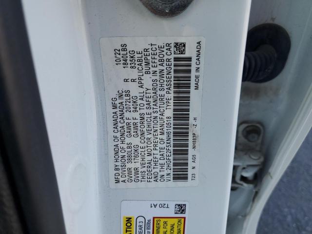 2HGFE2F5XNH610518 - 2022 HONDA CIVIC SPORT თეთრი ფოტო 12