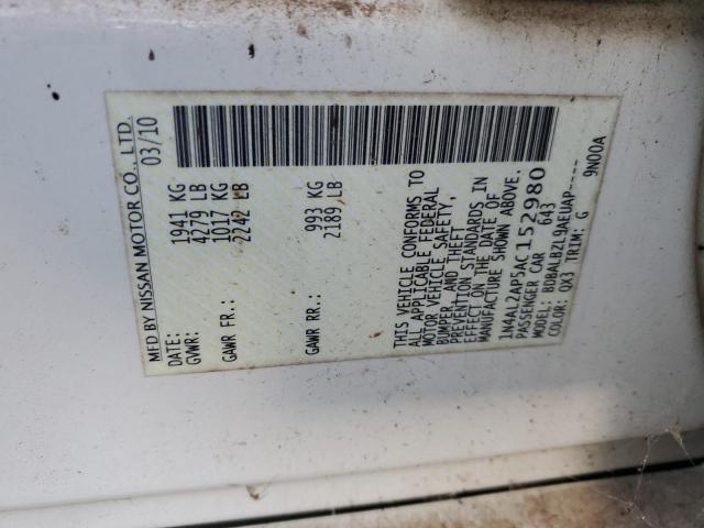 1N4AL2AP5AC152980 - 2010 NISSAN ALTIMA BASE WHITE photo 12