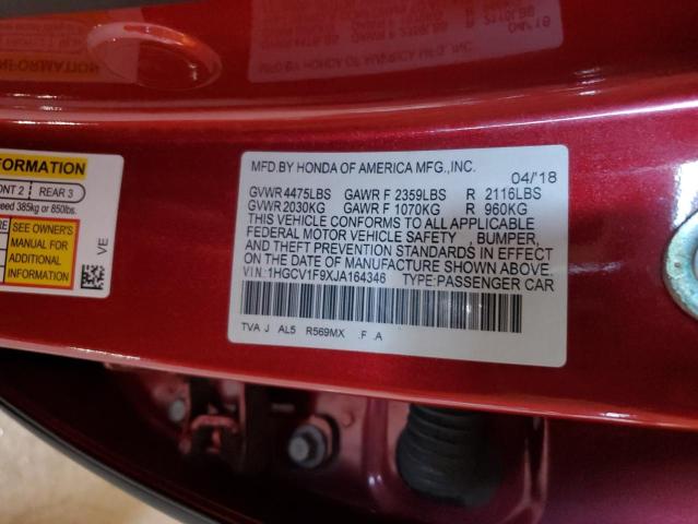 1HGCV1F9XJA164346 - 2018 HONDA ACCORD TOURING 勃艮第红 照片 12