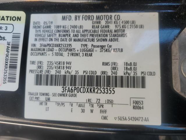 3FA6P0CDXKR253355 - 2019 FORD FUSION SEL 黑色 照片 12