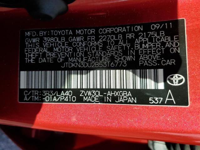 JTDKN3DU2B5316773 - 2011 TOYOTA PRIUS RED photo 13