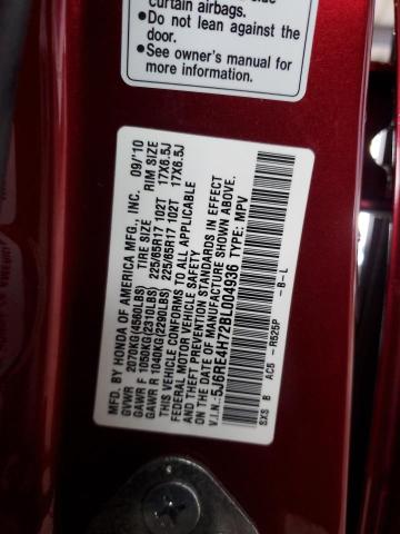 5J6RE4H72BL004936 - 2011 HONDA CR-V EXL RED photo 12