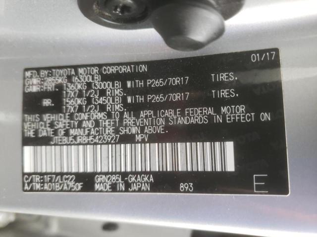 JTEBU5JR8H5423927 - 2017 TOYOTA 4RUNNER SR5/SR5 PREMIUM SILVER photo 10