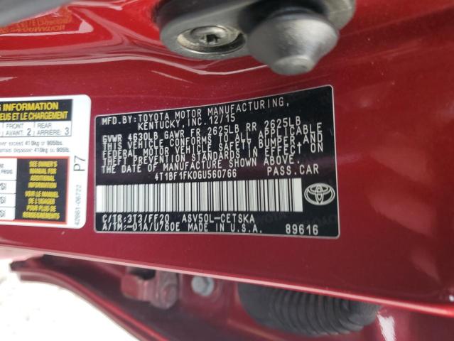 4T1BF1FK0GU560766 - 2016 TOYOTA CAMRY LE 红色 照片 12