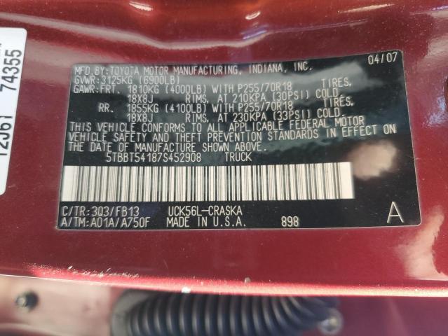 5TBBT54187S452908 - 2007 TOYOTA TUNDRA DOUBLE CAB SR5 RED photo 12