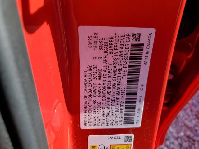 2HGFE2F51TH518050 - 2026 HONDA CIVIC SPORT RED photo 13