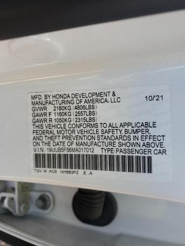 19UUB5F56MA017012 - 2021 ACURA TLX TECH A WHITE photo 12