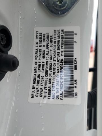 19XFC1F76ME007494 - 2021 HONDA CIVIC EXL თეთრი ფოტო 13
