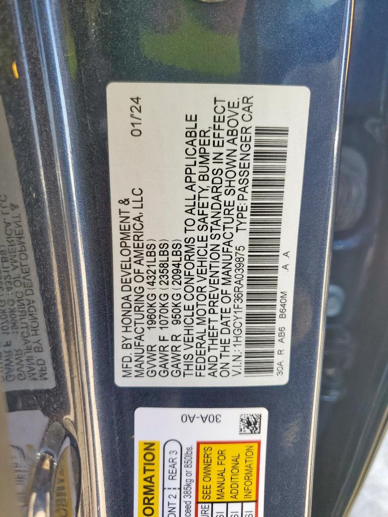 1HGCY1F36RA039875 - 2024 HONDA ACCORD EX BLUE photo 12