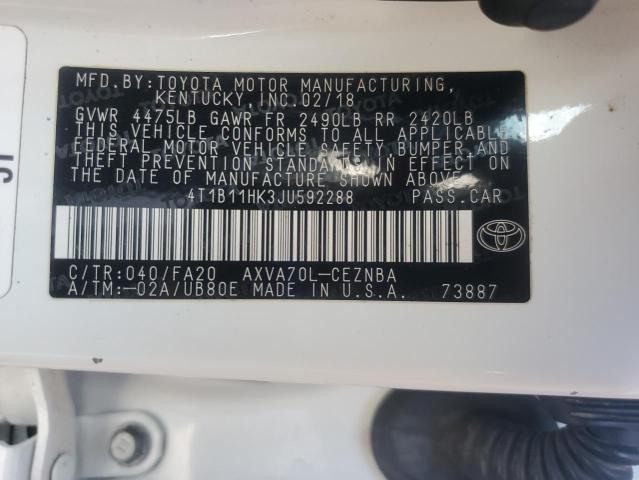 4T1B11HK3JU592288 - 2018 TOYOTA CAMRY L WHITE photo 12
