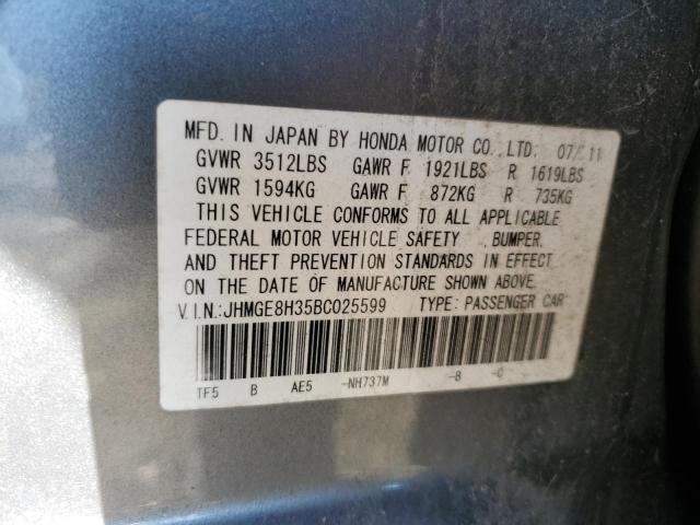 JHMGE8H35BC025599 - 2011 HONDA FIT ვერცხლისფერი ფოტო 12