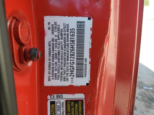 2HGFG12826H581635 - 2006 HONDA CIVIC EX 红色 照片 12