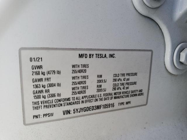 5YJYGDED3MF105916 - 2021 TESLA MODEL Y 白色 照片 12