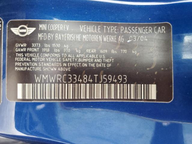 WMWRC33484TJ59493 - 2004 MINI COOPER BLUE photo 12