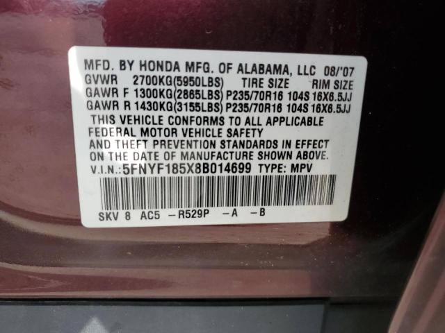 5FNYF185X8B014699 - 2008 HONDA PILOT EXL Bordo fotoğraf 13