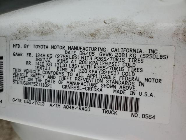 5TETU62N75Z111021 - 2005 TOYOTA TACOMA PRERUNNER ACCESS CAB WHITE photo 12