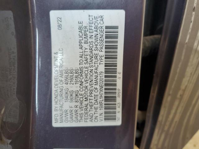 19XFL1H7XNE020179 - 2022 HONDA CIVIC EXL 紫色 照片 13