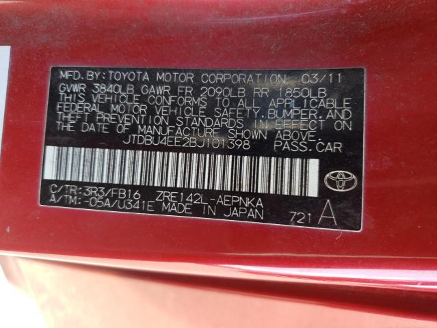 JTDBU4EE2BJ101398 - 2011 TOYOTA COROLLA BASE BURGUNDY photo 12