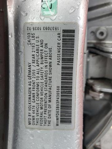 WVWPD63B93P436568 - 2003 VOLKSWAGEN PASSAT GLS SILVER photo 12
