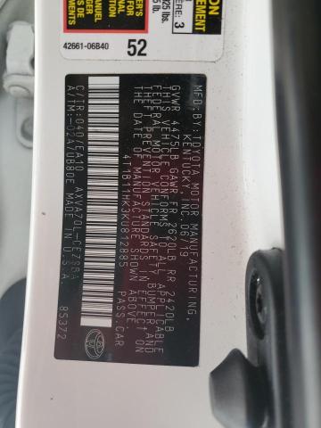 4T1B11HK3KU812885 - 2019 TOYOTA CAMRY L 白色 照片 12