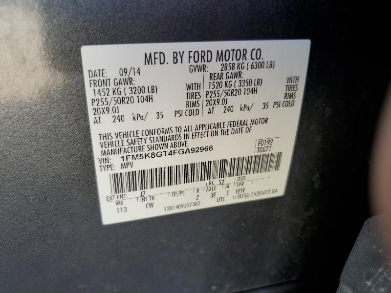 1FM5K8GT4FGA92966 - 2015 FORD EXPLORER SPORT GRAY photo 13