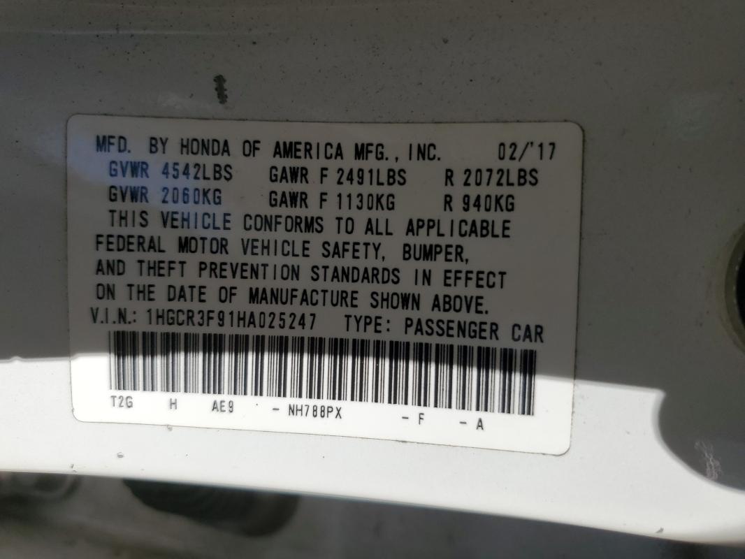 1HGCR3F91HA025247 - 2017 HONDA ACCORD TOURING WHITE photo 12