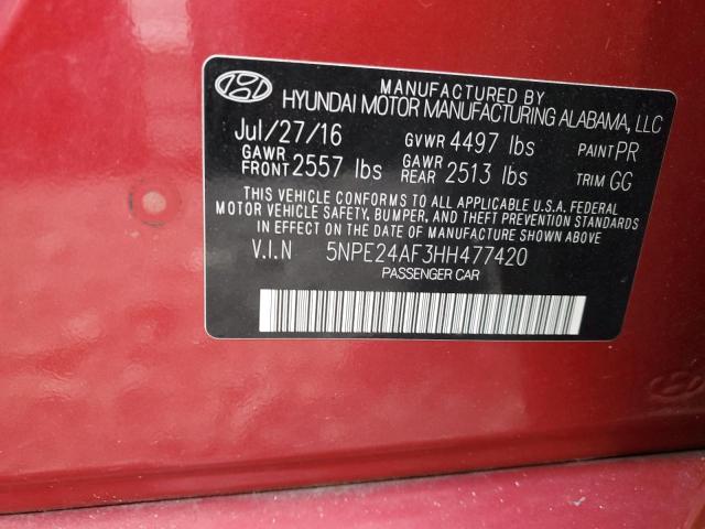 5NPE24AF3HH477420 - 2017 HYUNDAI SONATA SE 红色 照片 12