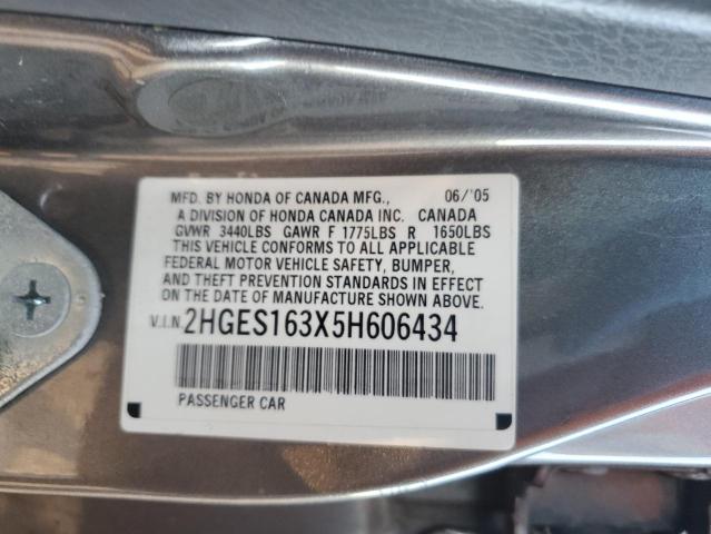 2HGES163X5H606434 - 2005 HONDA CIVIC DX VP Մոխրագույն լուսանկար 12