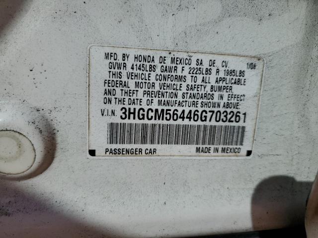 3HGCM56446G703261 - 2006 HONDA ACCORD LX თეთრი ფოტო 12