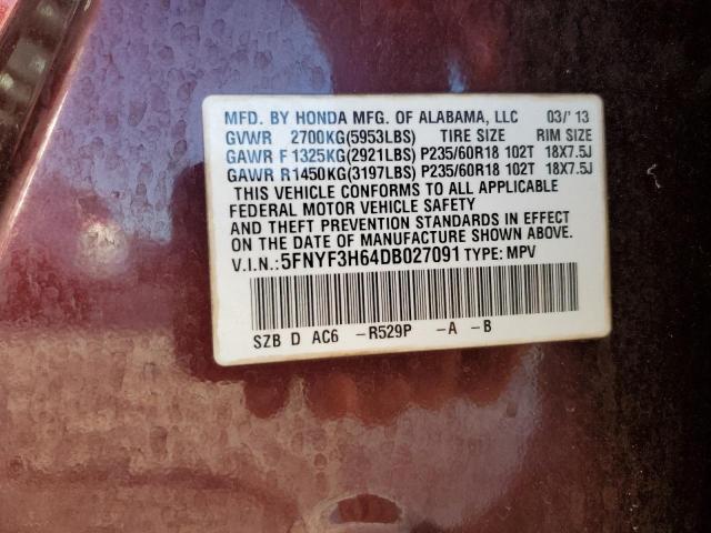 5FNYF3H64DB027091 - 2013 HONDA PILOT EXL Bordo foto 13