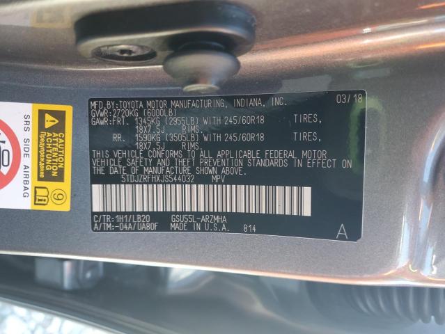 5TDJZRFHXJS544032 - 2018 TOYOTA HIGHLANDER SE Szary zdjęcie 13