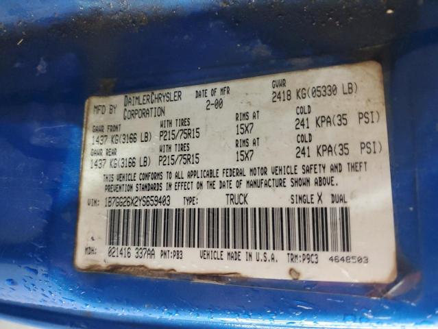 1B7GG26X2YS659403 - 2000 DODGE DAKOTA Mavi foto 12