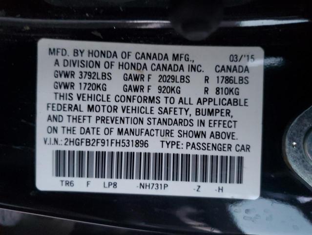 2HGFB2F91FH531896 - 2015 HONDA CIVIC EXL შავი ფოტო 12