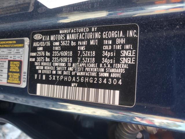 5XYPHDA56HG234304 - 2017 KIA SORENTO EX BLUE photo 13